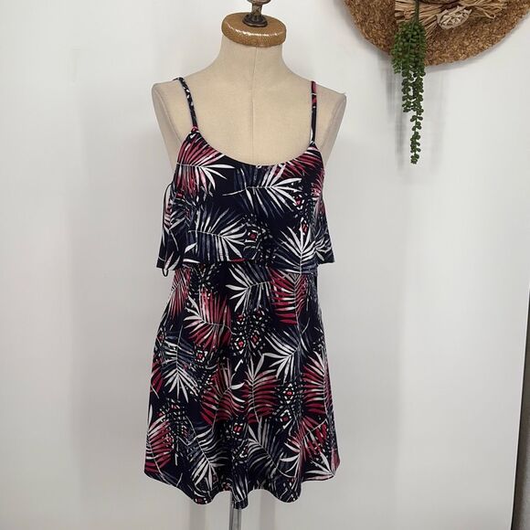New Express Navy Blue Pink White Palm Tree Leaves‎ Print Stretch Mini Dress XS - Picture 1 of 14